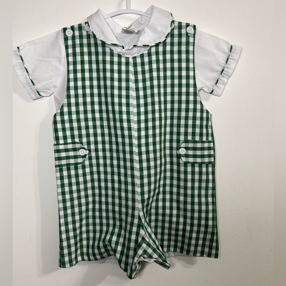 Mother Goose Green and White Gingham  Romper with Shirt